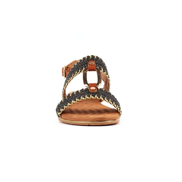 Lunar JLH587 Jules Ladies Black Buckle Sandals with braided straps and metallic buckle, open-toe design, flat sole.