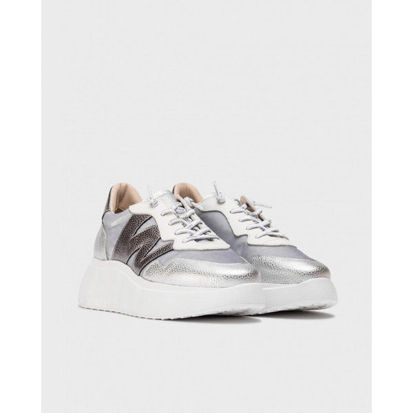 Wonders A-3622 Ladies Silver Leather & Textile Lace Up Trainers