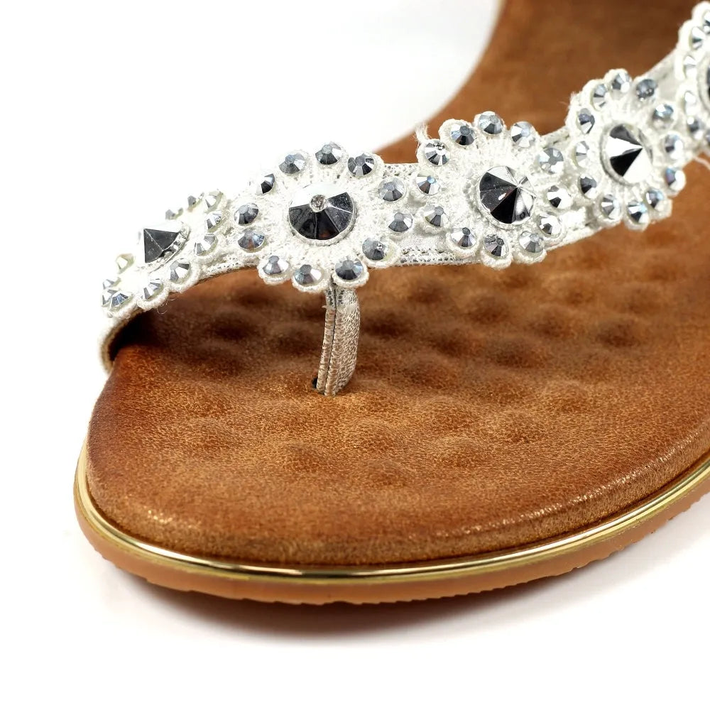 Lunar JLH455 Charlotte II ladies silver elasticated sandals with rhinestone embellishments and brown cushioned sole.