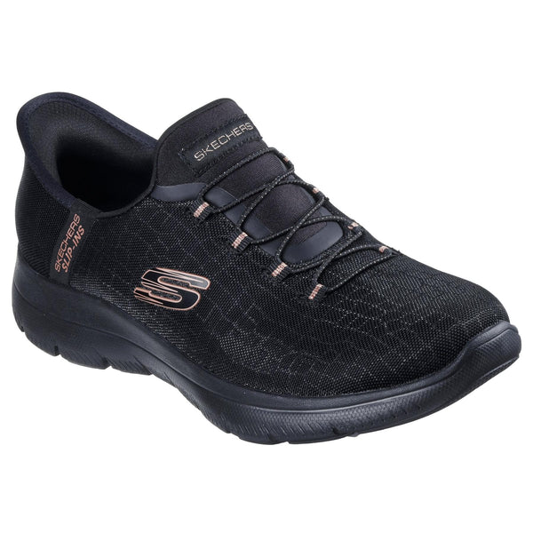 Skechers 150128 Summits-Classy Night Hands Free Ladies Black Gold Textile Vegan Slip On Trainers