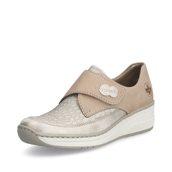 Rieker 487C0-60 Ladies Narrow Beige Leather & Textile Touch Fastening Shoes