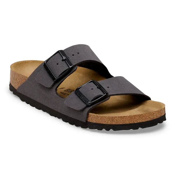Unisex Birkenstock Arizona Birkibuc velvet gray/black arch support buckle sandals with cork footbed.
