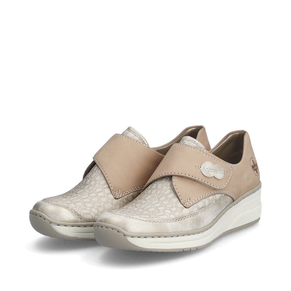 Rieker 487C0-60 Ladies Narrow Beige Leather & Textile Touch Fastening Shoes