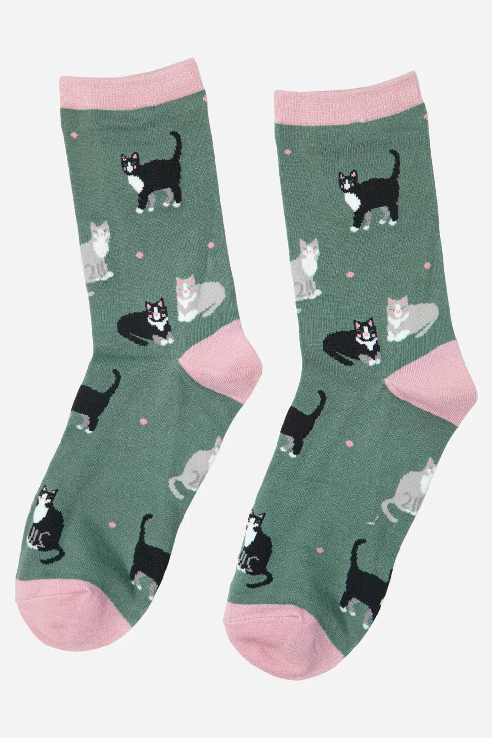 Sock Talk black cat and gray cat ankle socks with pink accents, featuring a playful cat print on green background.