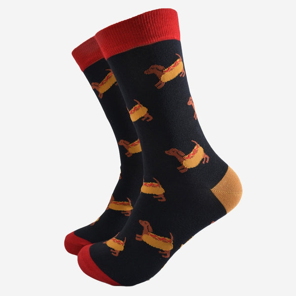 Sock Talk Mens Black-Red Sausage Dog Hotdog Bamboo Socks
