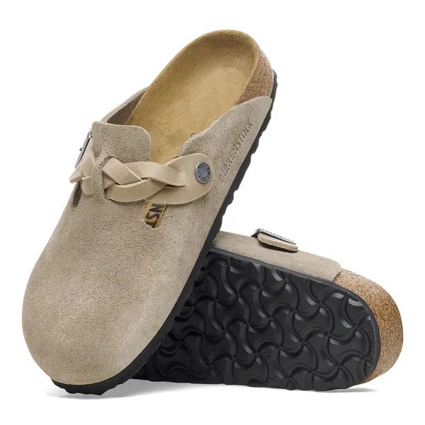 Birkenstock Boston Braided Ladies Taupe Suede Arch Support Buckle Mules