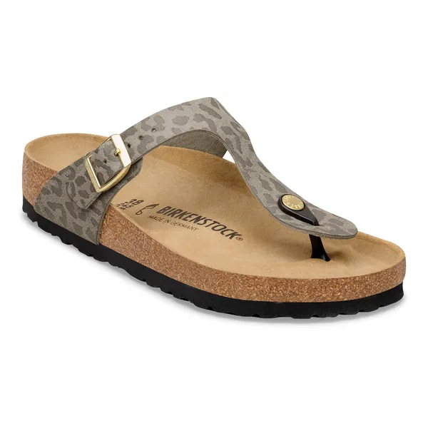 Birkenstock Gizeh Ladies Leo Grey Taupe synthetic thong sandals with arch support and buckle, platform cork sole.