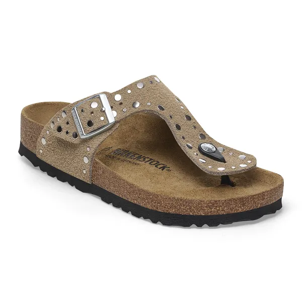 Birkenstock Gizeh Rivets Suede ladies' taupe thong sandals with arch support, buckle detail, and eco-friendly cork sole.