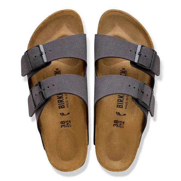 Unisex Birkenstock Arizona Birkibuc sandals with gray velvet straps, buckle closures, and arch support.