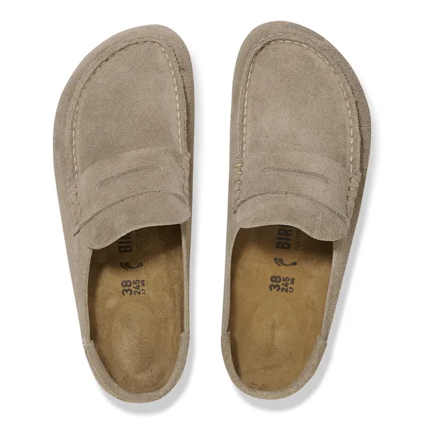 Birkenstock Naples Wrapped Suede Unisex Slip-On Shoes, Taupe, Arch Support, size 38, casual suede loafers.