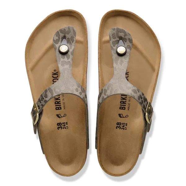 Ladies Birkenstock Gizeh Synthetics 1032026 Leo Grey Taupe arch support buckle sandals with leopard print straps.