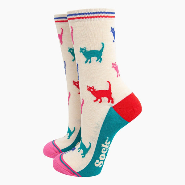 Sock Talk Ladies Cream/Multi Cats Bamboo Socks
