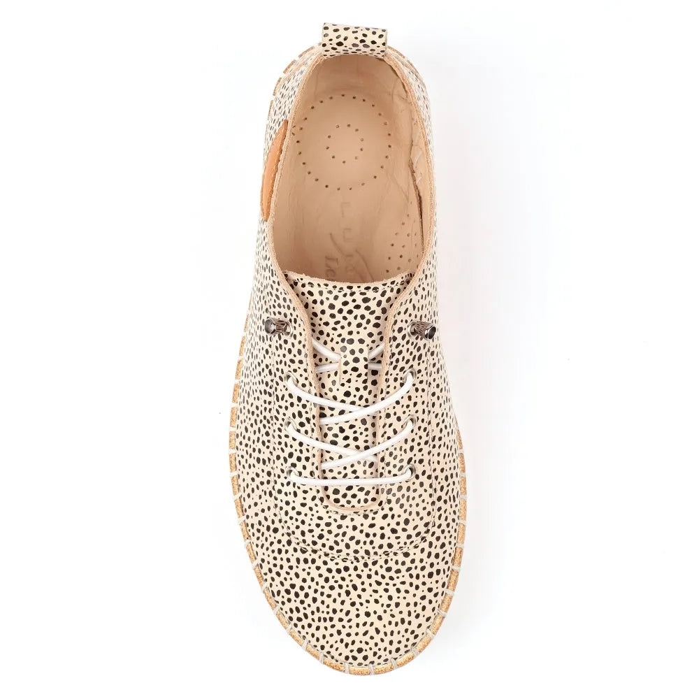 Lunar FLE056 Evette Ladies Animal Print Leather Elasticated Shoes with lace-up detail and beige background.