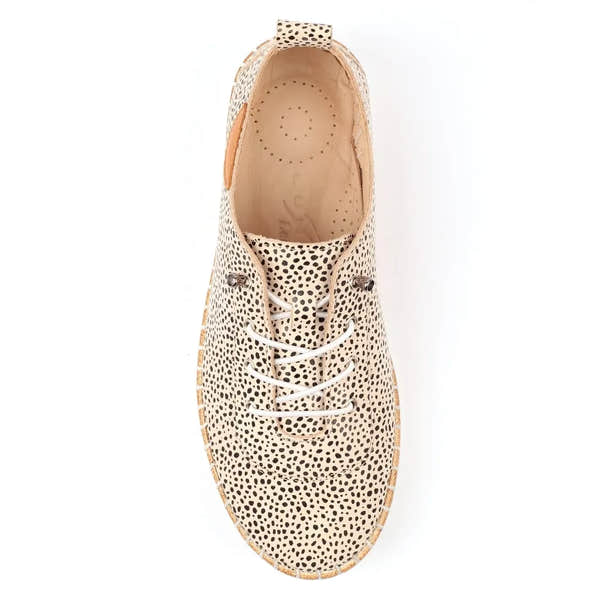 Lunar FLE056 Evette Ladies Animal Print Leather Elasticated Shoes with lace-up detail and beige background.