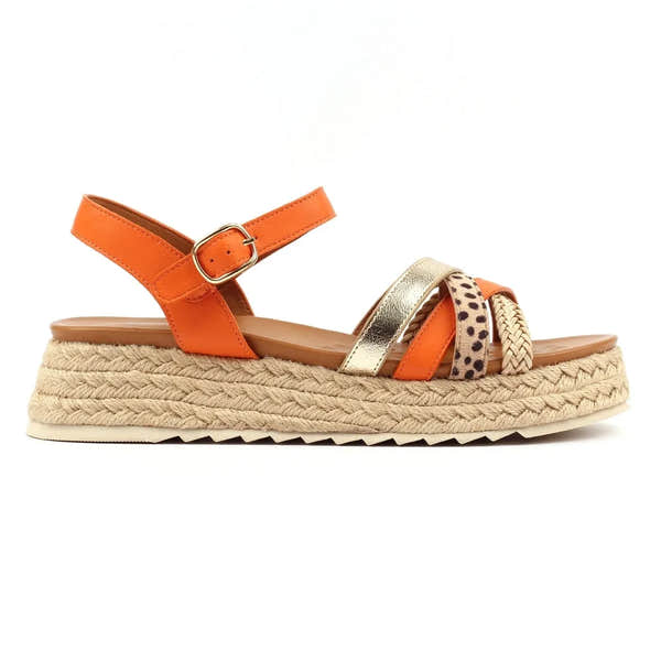Lunar JLH607 Flick Ladies Orange Buckle Sandals with braided espadrille sole, metallic, animal print, and leather straps.