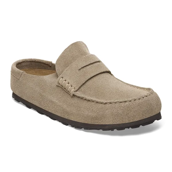 Birkenstock Naples Wrap Suede Unisex Slip-On Shoe in taupe with arch support and casual design.