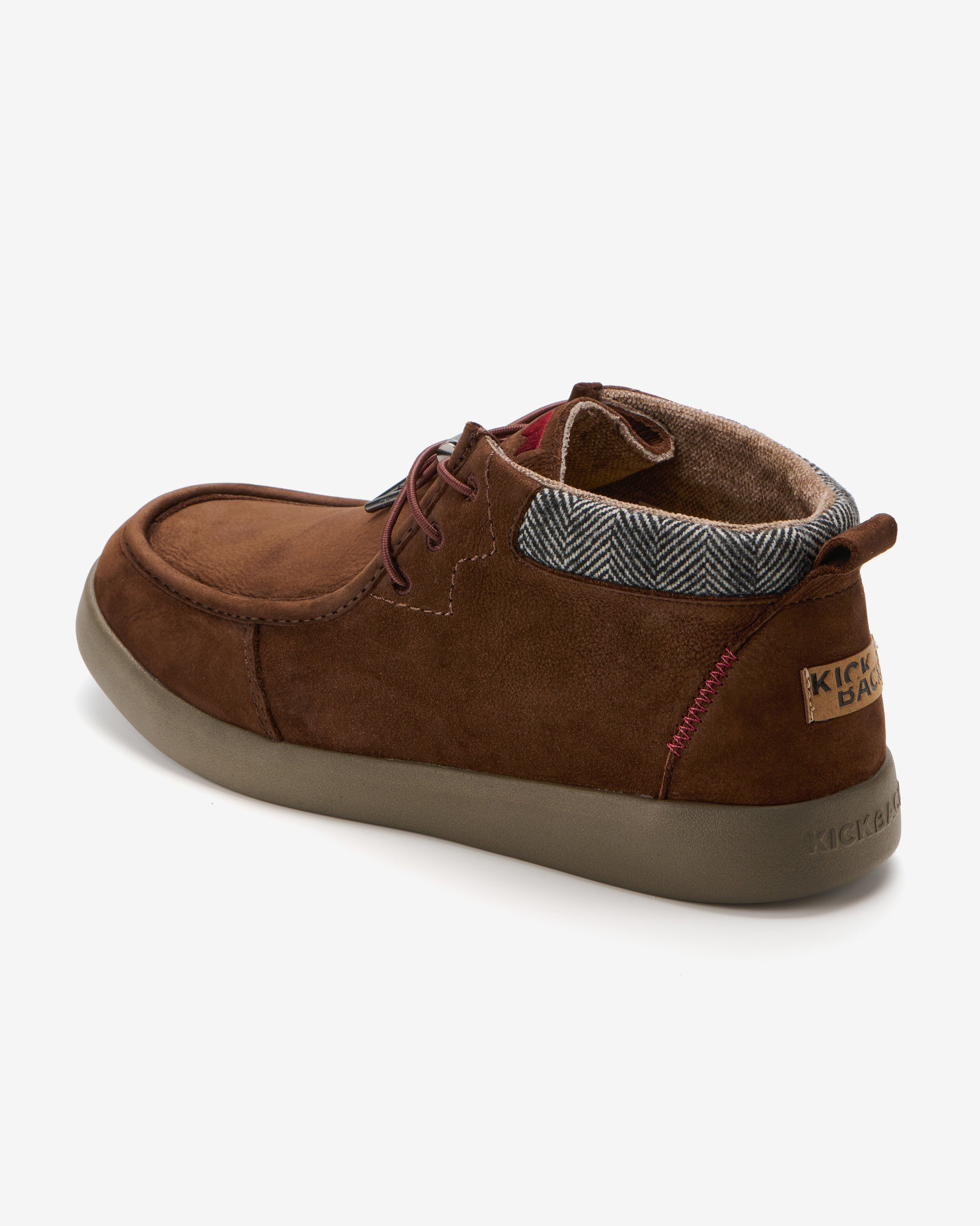 Kickback Hoogah men's chocolate leather chukka ankle boots, rear angle.