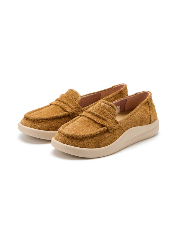 Kickback Vivian women's tan hairy suede slip-on loafers, pair view.