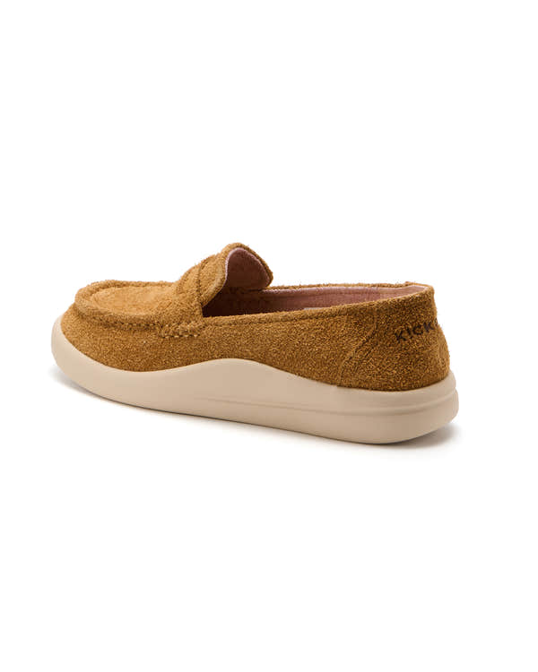 Kickback Vivian women's tan hairy suede slip-on loafers, rear angle.