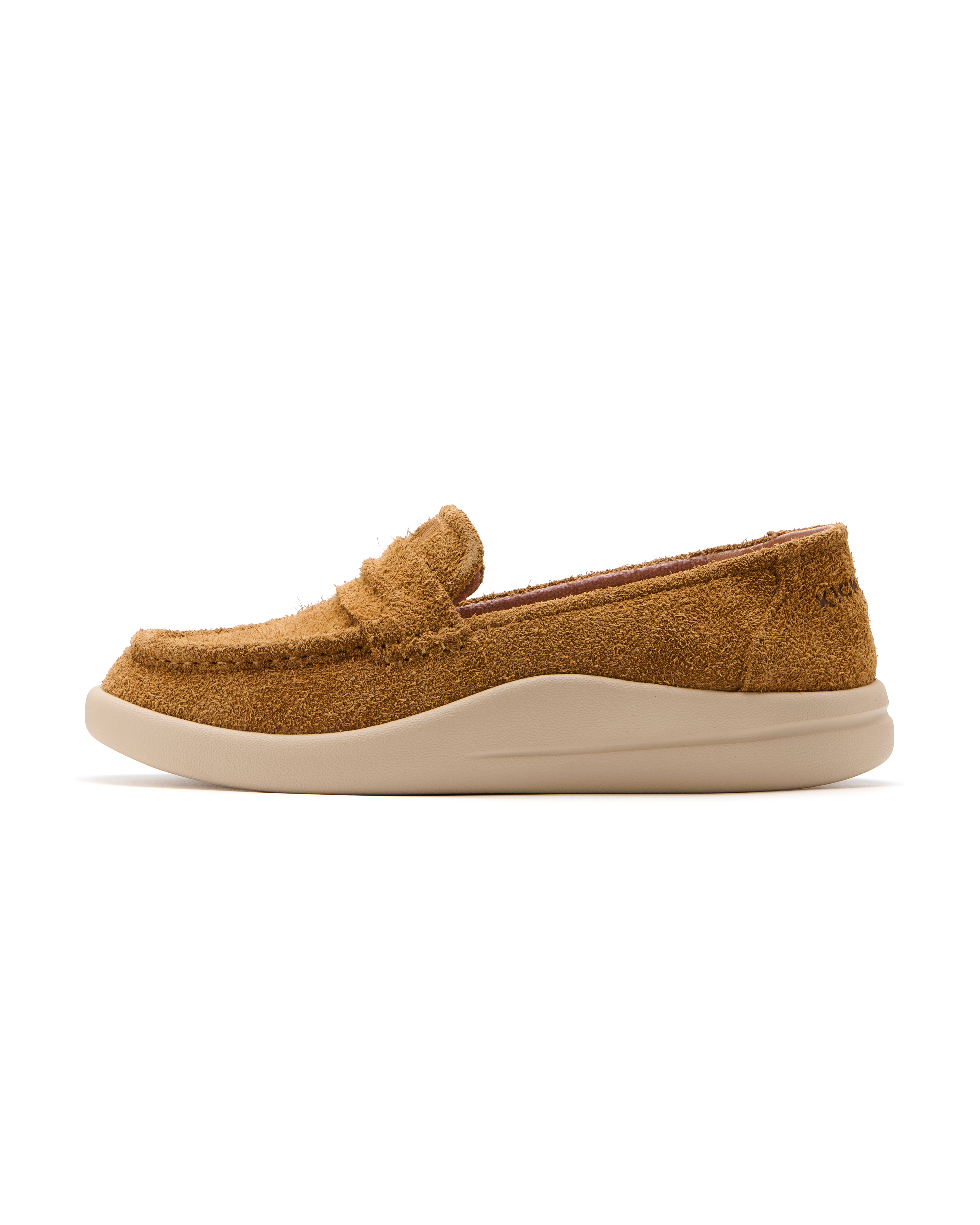 Kickback Vivian women's tan hairy suede slip-on loafer, side view.