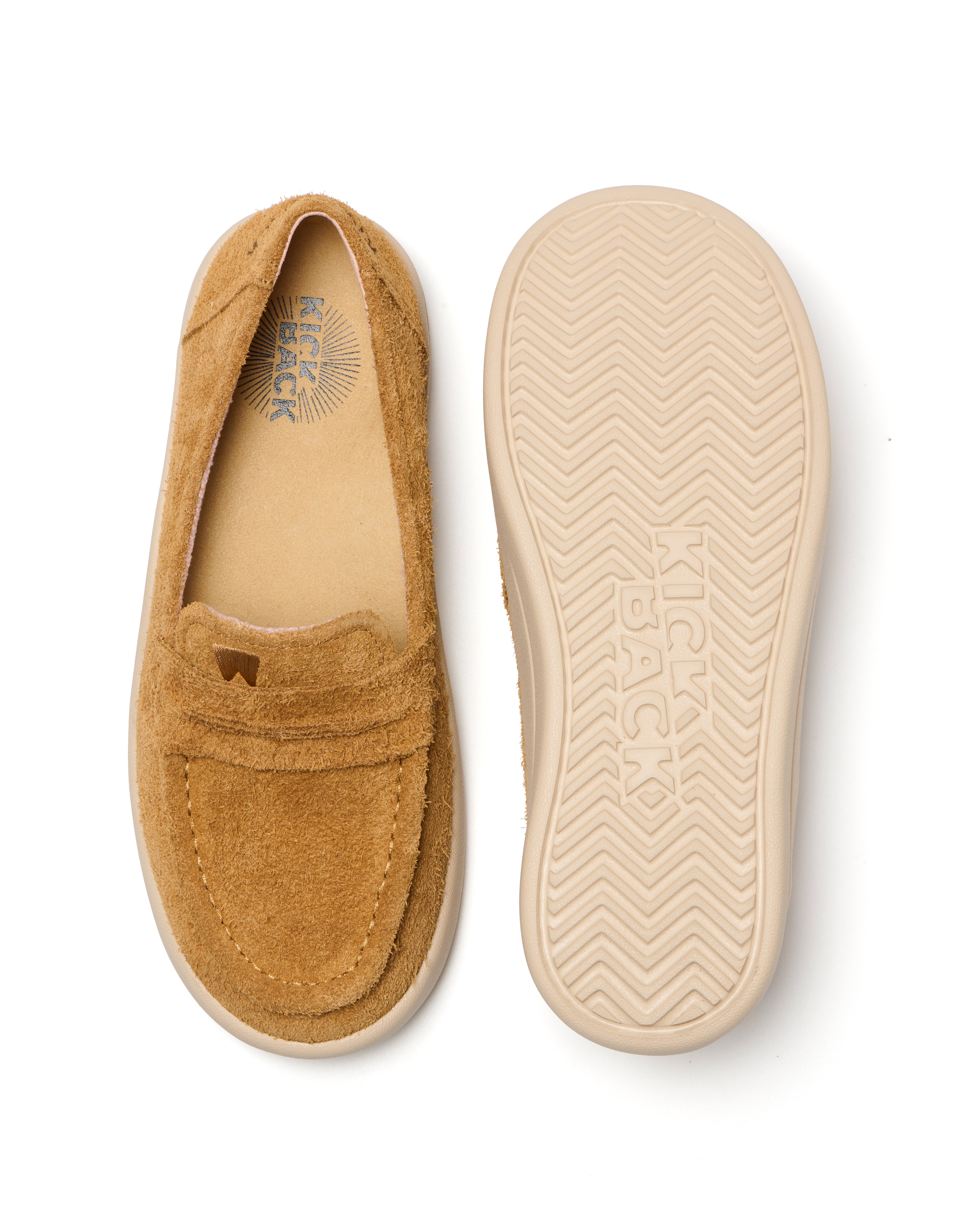 Kickback Vivian women's tan hairy suede slip-on loafer, top and sole view.