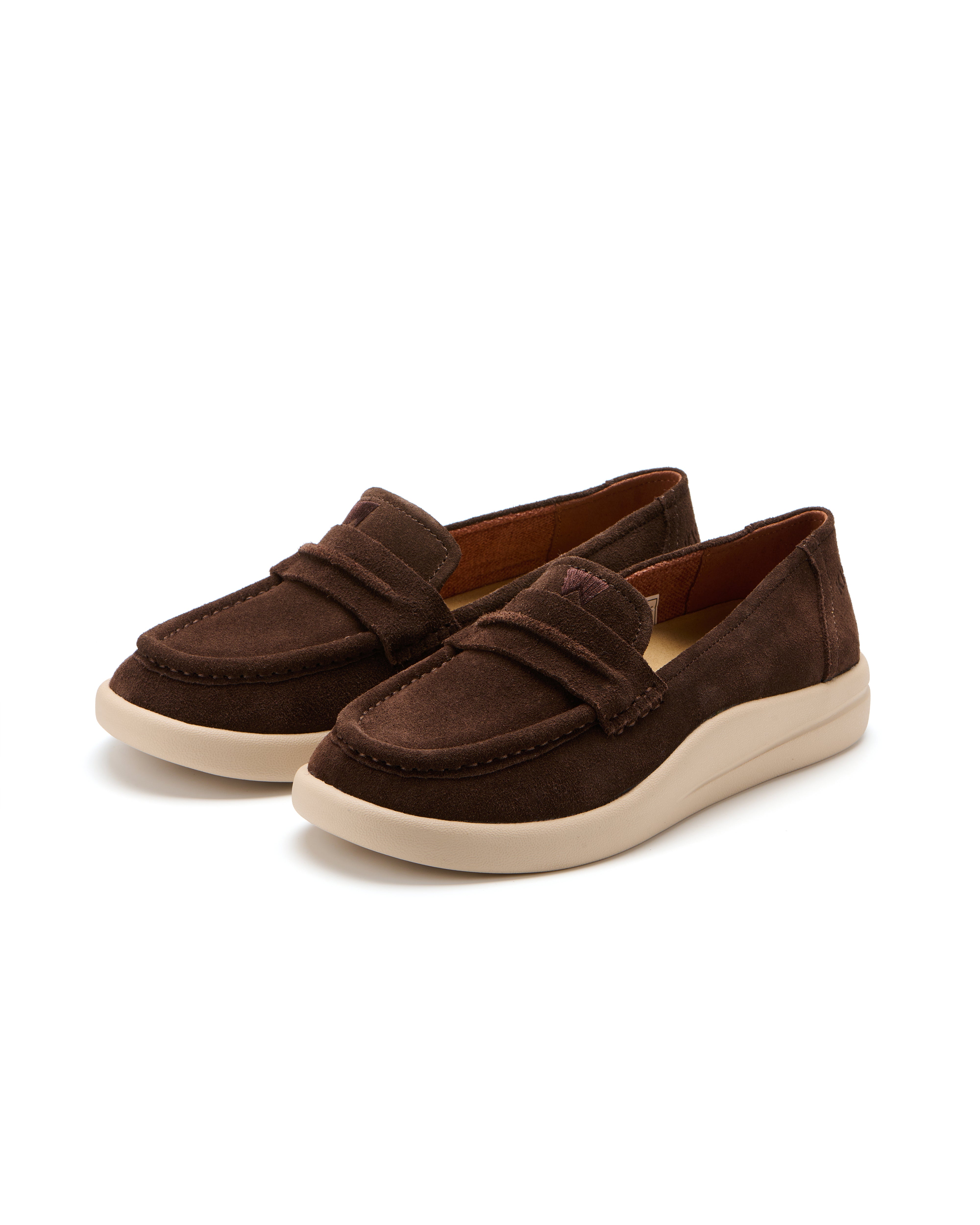 Kickback Vivian women's chocolate suede slip-on loafers, pair view.