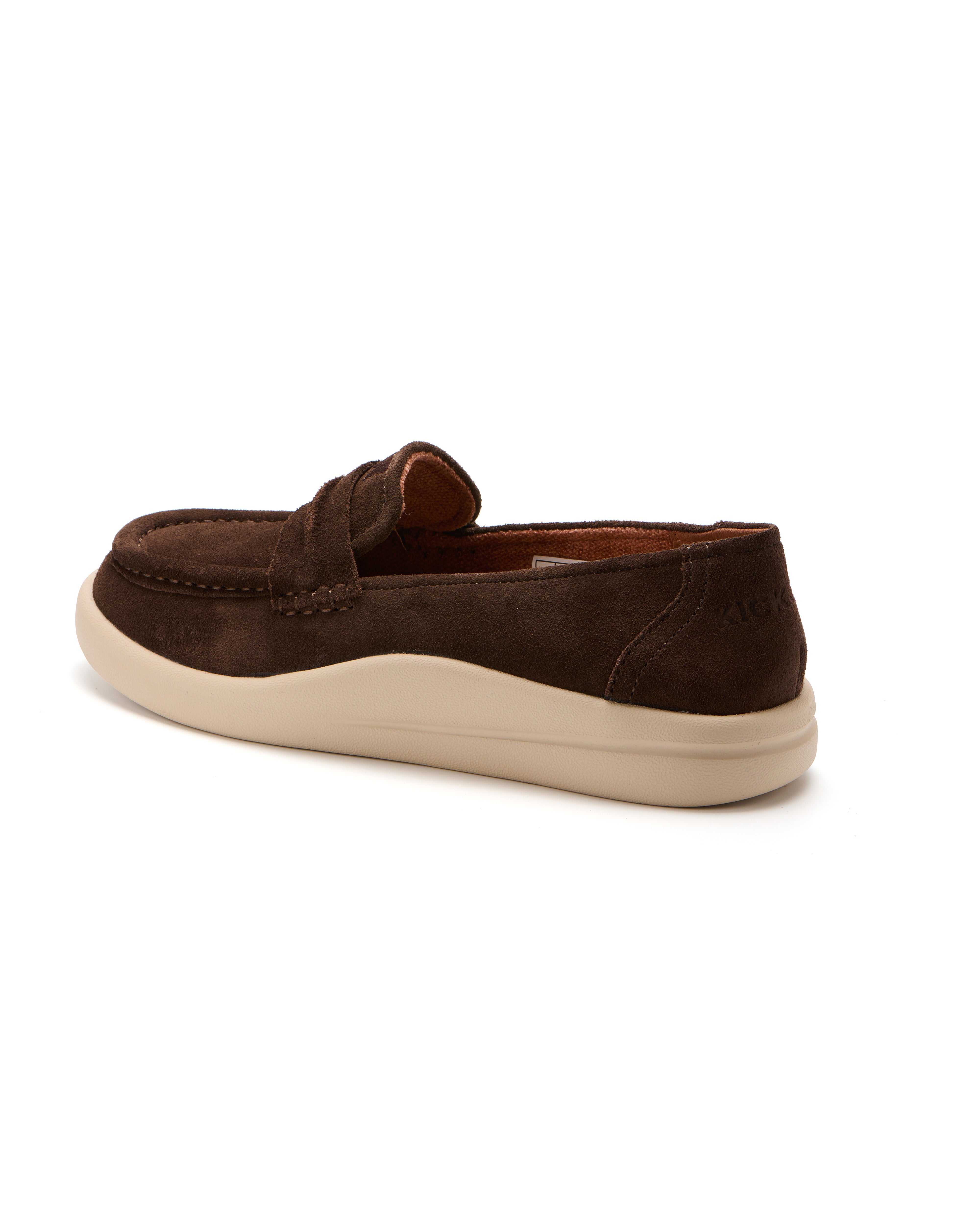 Kickback Vivian women's chocolate suede slip-on loafers, rear angle.