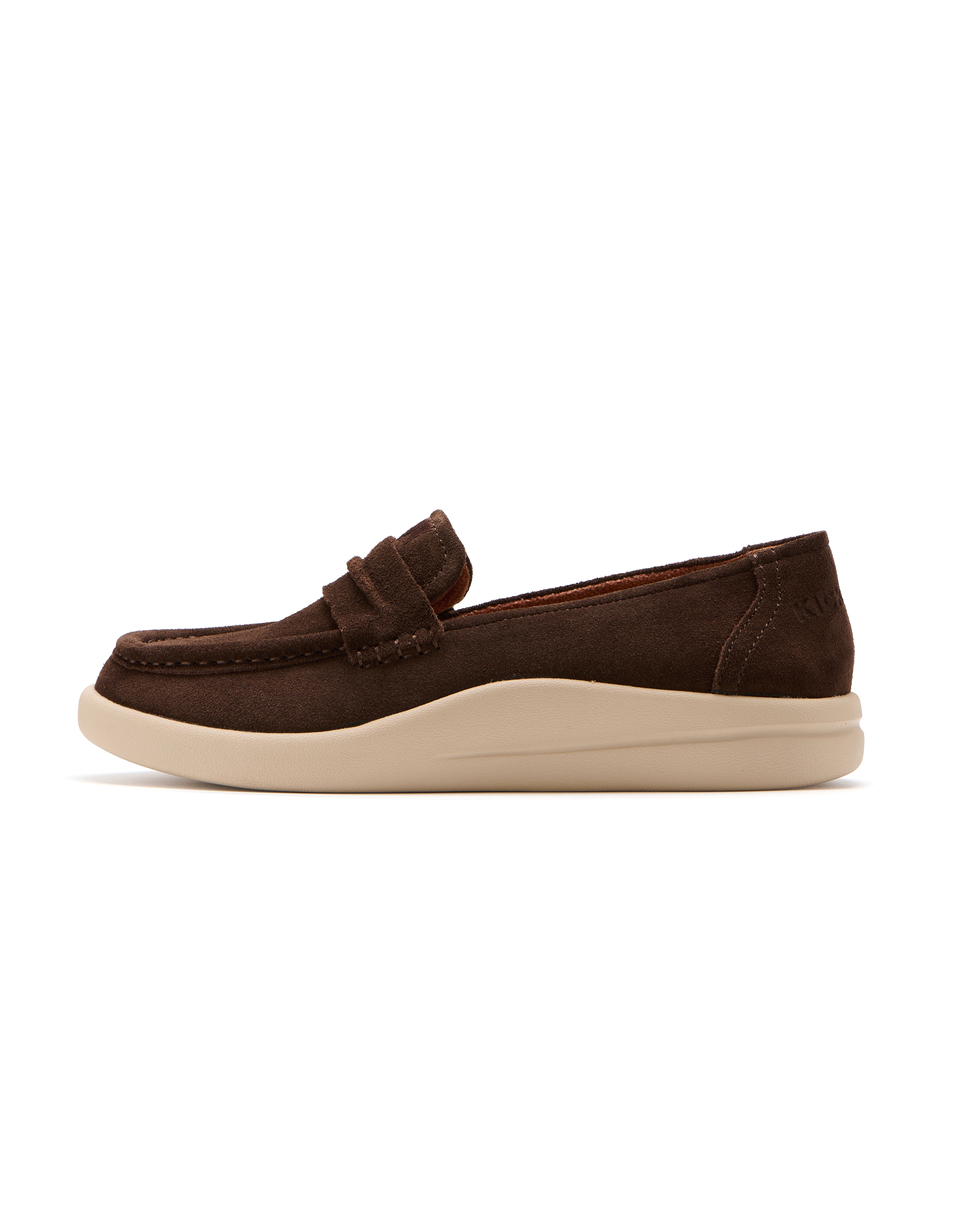 Kickback Vivian women's chocolate suede slip-on loafer, side view.