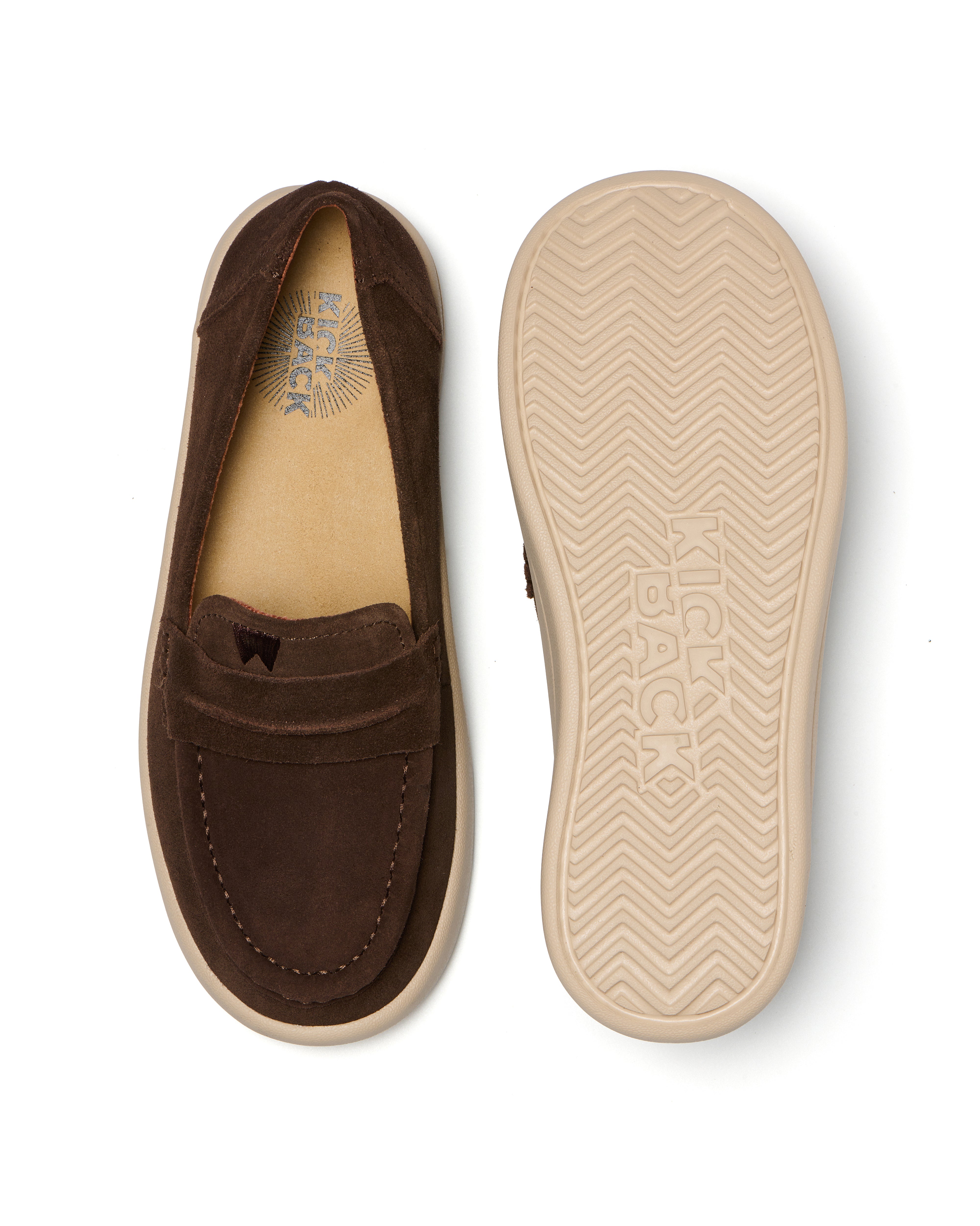 Kickback Vivian women's chocolate suede slip-on loafer, top and sole view.