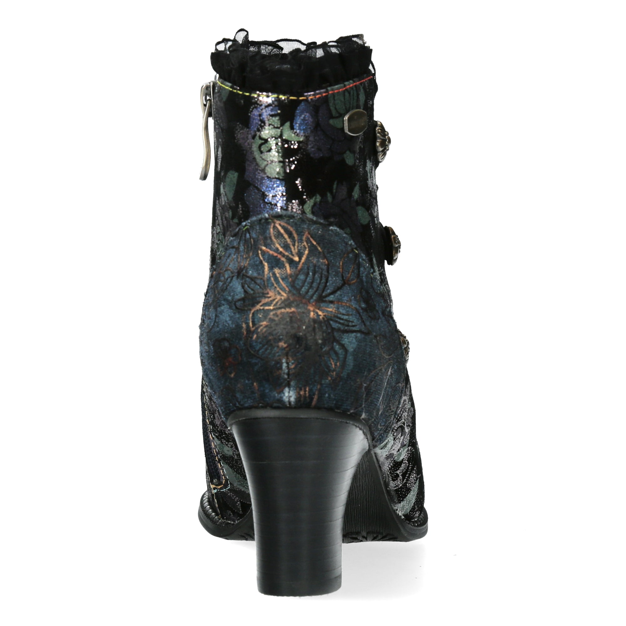 Laura Vita Elcodieo 224 Ladies Blue & Purple Multi Leather & Textile Side Zip Heeled Ankle Boots, rear view.