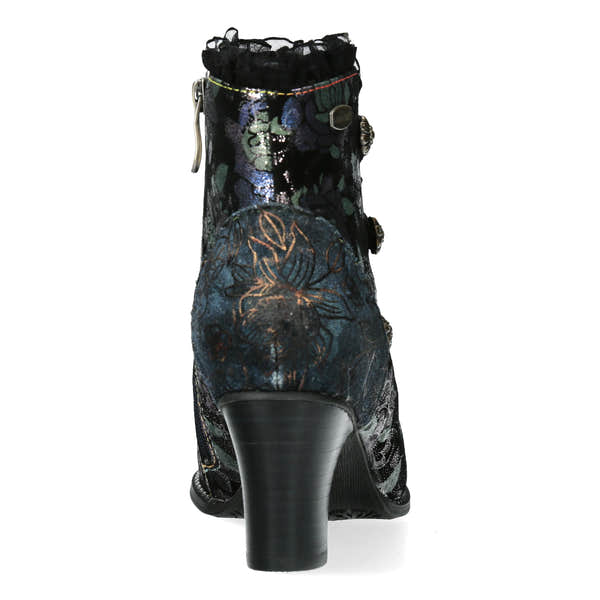 Laura Vita Elcodieo 224 Ladies Blue & Purple Multi Leather & Textile Side Zip Heeled Ankle Boots, rear view.