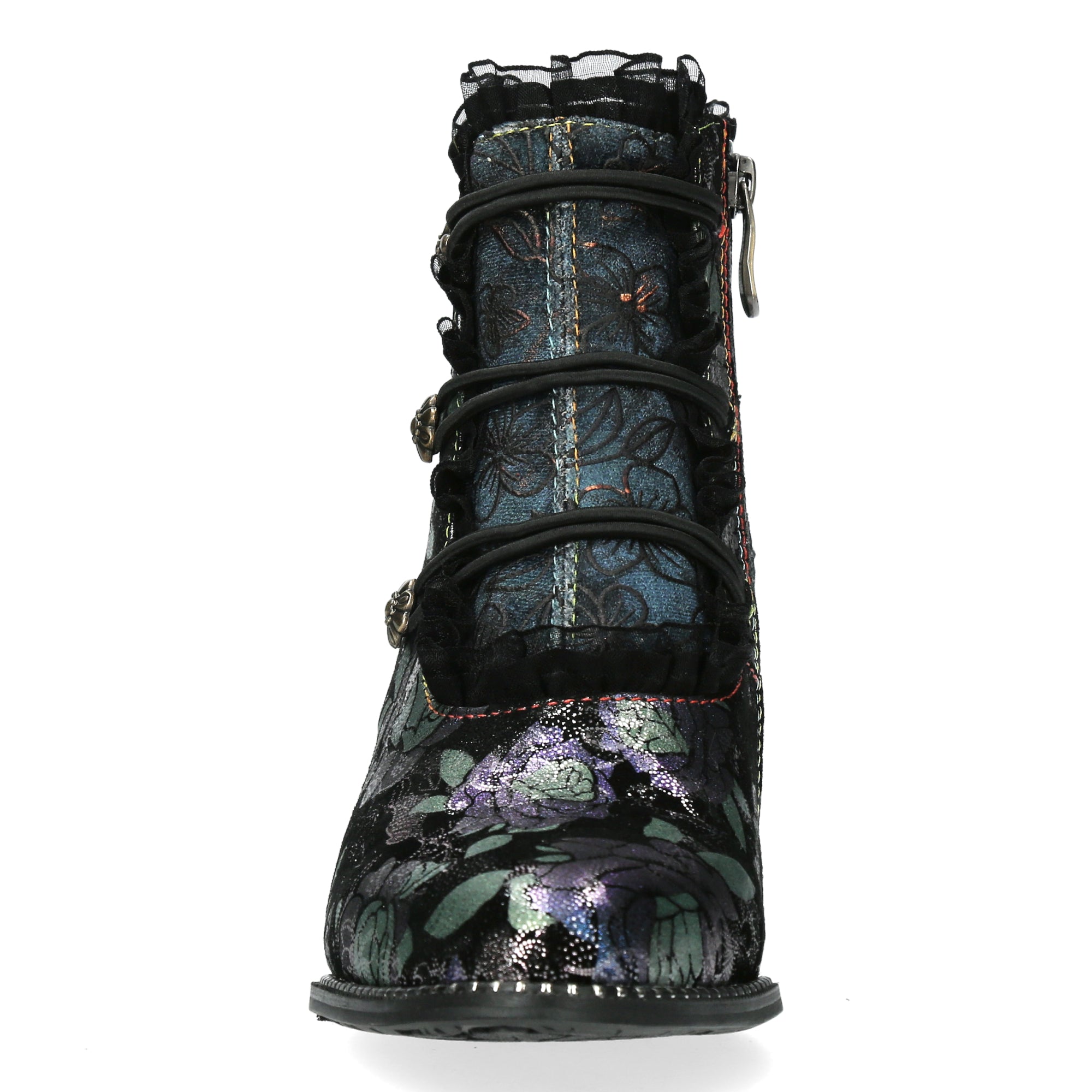 Laura Vita Elcodieo 224 Ladies Blue & Purple Multi Leather & Textile Side Zip Heeled Ankle Boots, front view.