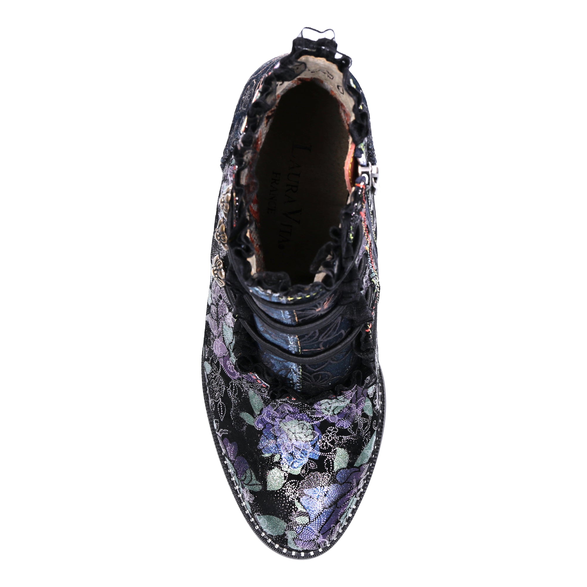 Laura Vita Elcodieo 224 Ladies Blue & Purple Multi Leather & Textile Side Zip Heeled Ankle Boots, top view.