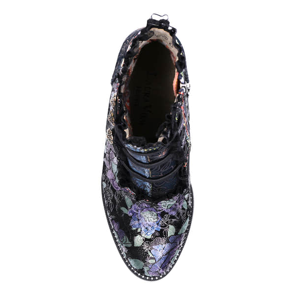 Laura Vita Elcodieo 224 Ladies Blue & Purple Multi Leather & Textile Side Zip Heeled Ankle Boots, top view.