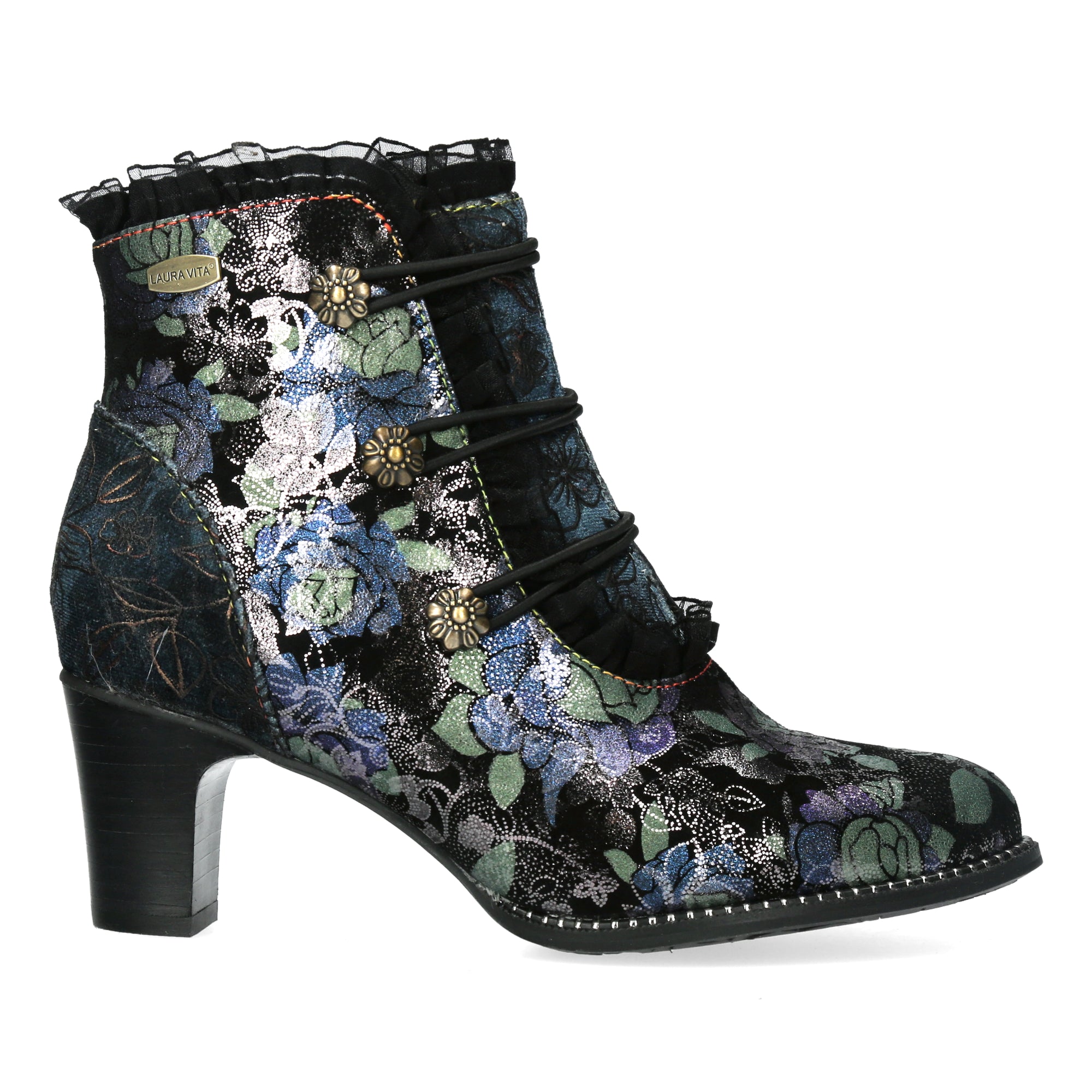 Laura Vita Elcodieo 224 Ladies Blue & Purple Multi Leather & Textile Side Zip Heeled Ankle Boots, side profile view.