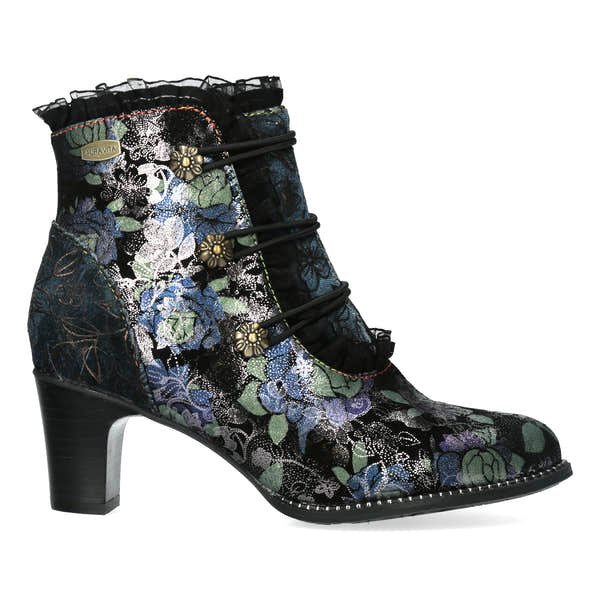 Laura Vita Elcodieo 224 Ladies Blue & Purple Multi Leather & Textile Side Zip Heeled Ankle Boots, side profile view.