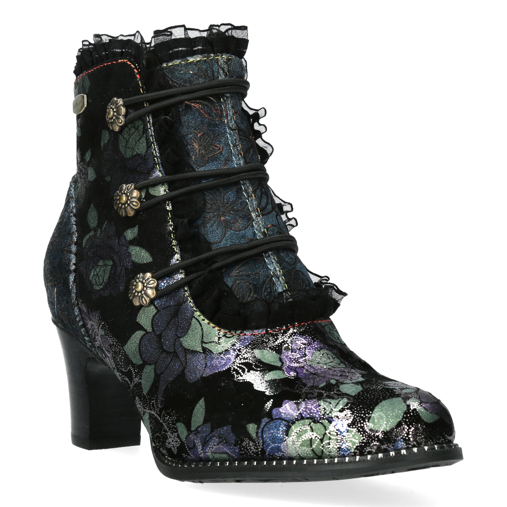 Laura Vita Elcodieo 224 Ladies Blue & Purple Multi Leather & Textile Side Zip Heeled Ankle Boots, front three-quarter view.