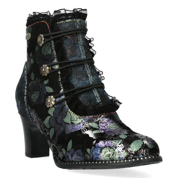 Laura Vita Elcodieo 224 Ladies Blue & Purple Multi Leather & Textile Side Zip Heeled Ankle Boots, front three-quarter view.