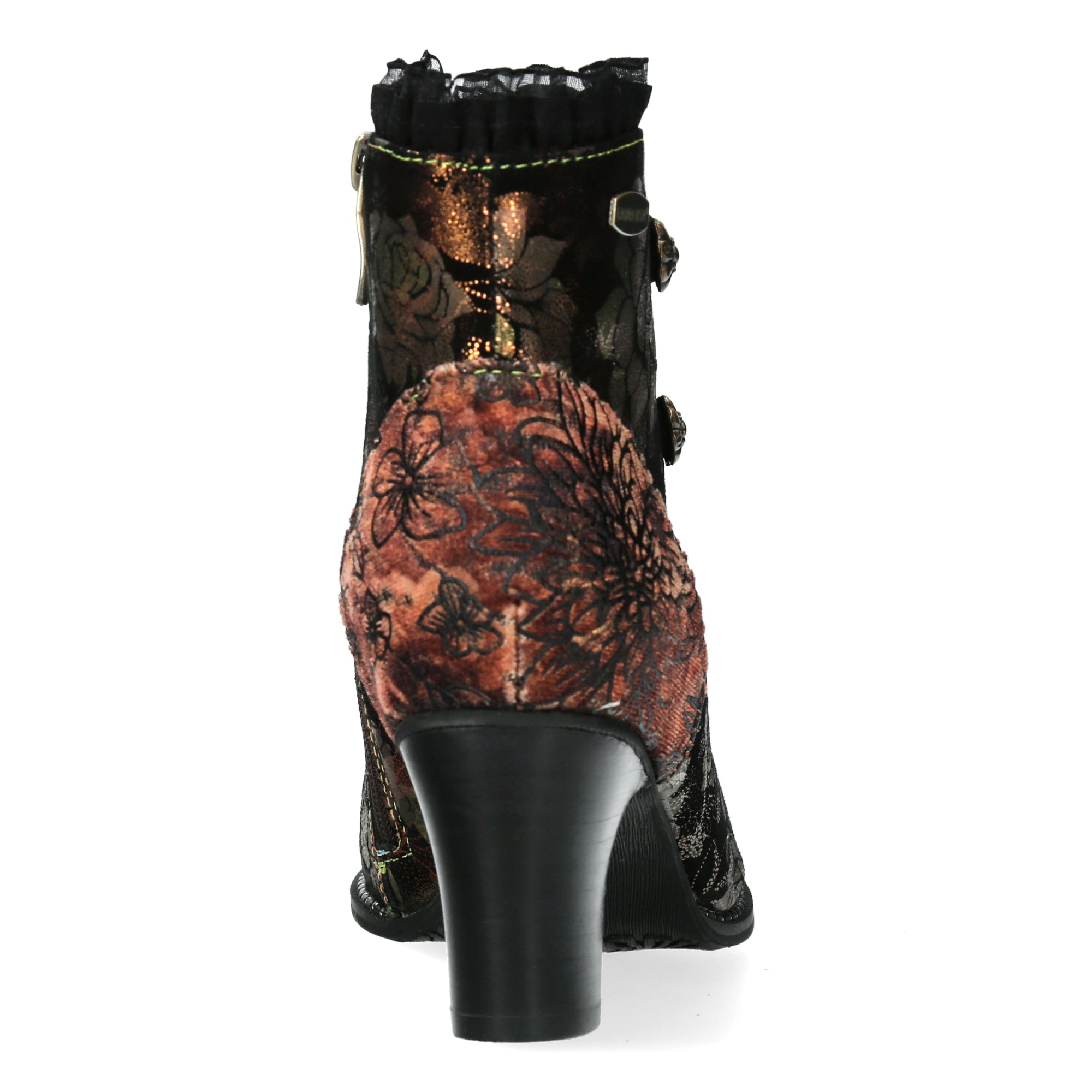Laura Vita Elcodieo 224 Ladies Bronze Multi Leather & Textile Side Zip Heeled Ankle Boots, rear view.
