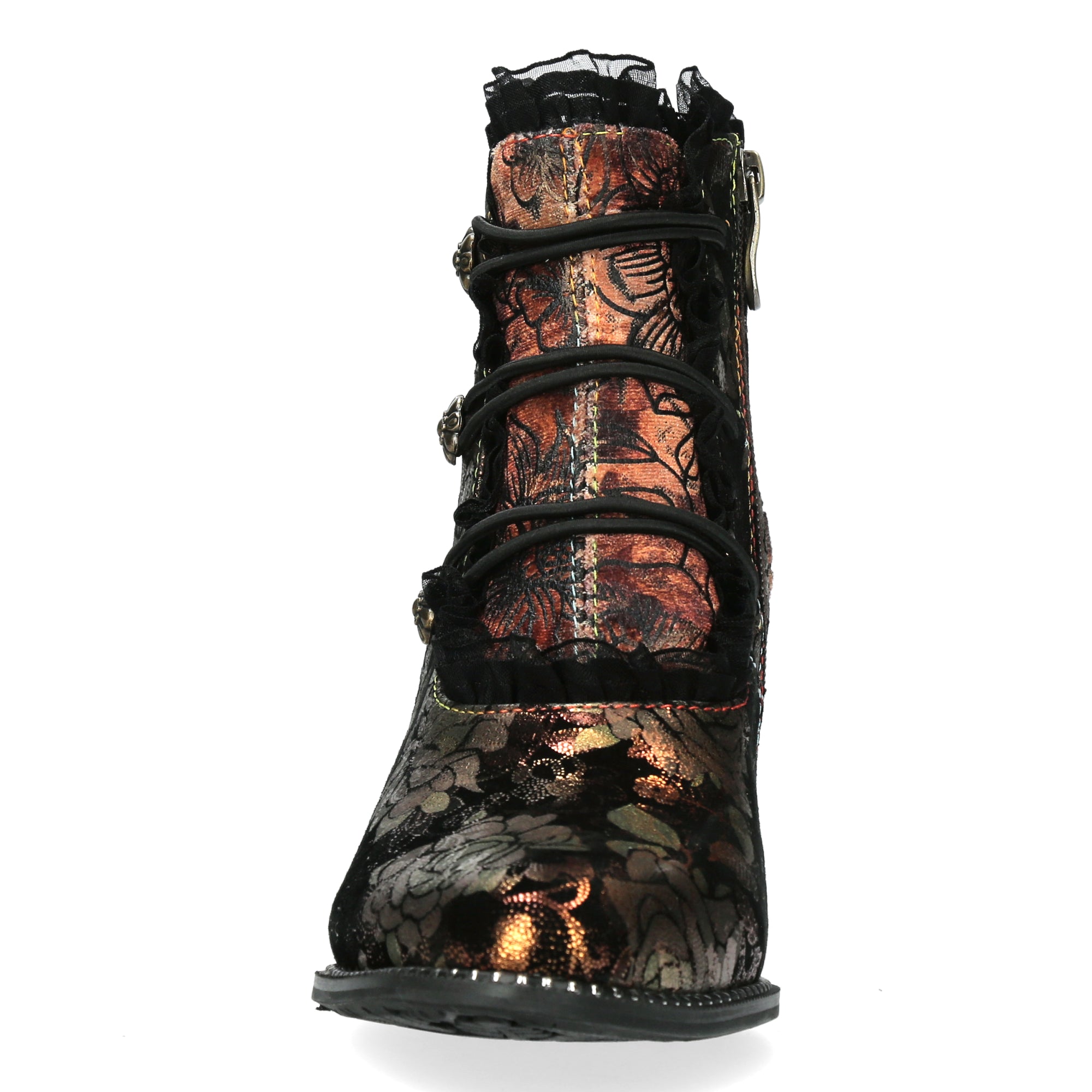 Laura Vita Elcodieo 224 Ladies Bronze Multi Leather & Textile Side Zip Heeled Ankle Boots, front view.