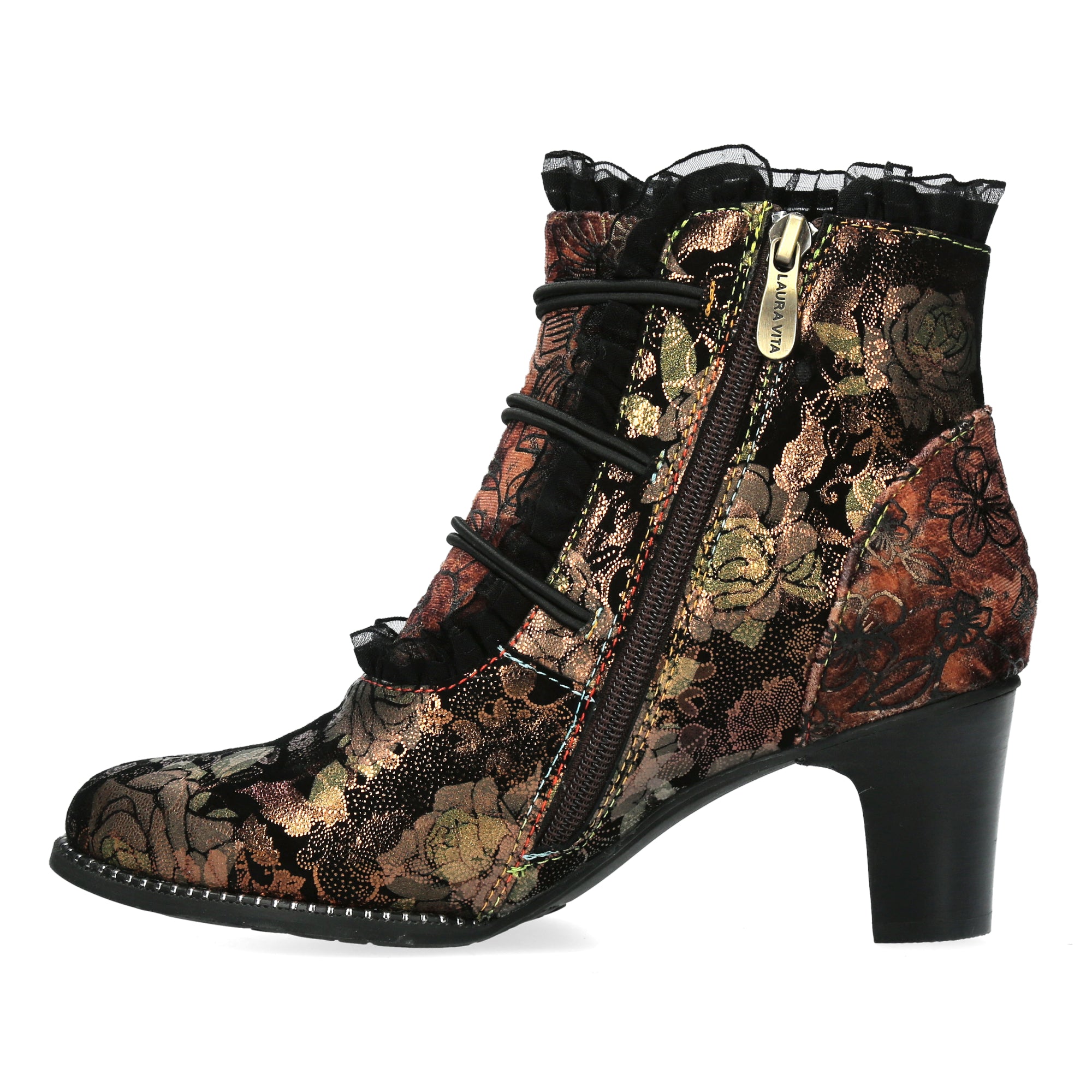 Laura Vita Elcodieo 224 Ladies Bronze Multi Leather & Textile Side Zip Heeled Ankle Boots, inner-side view.