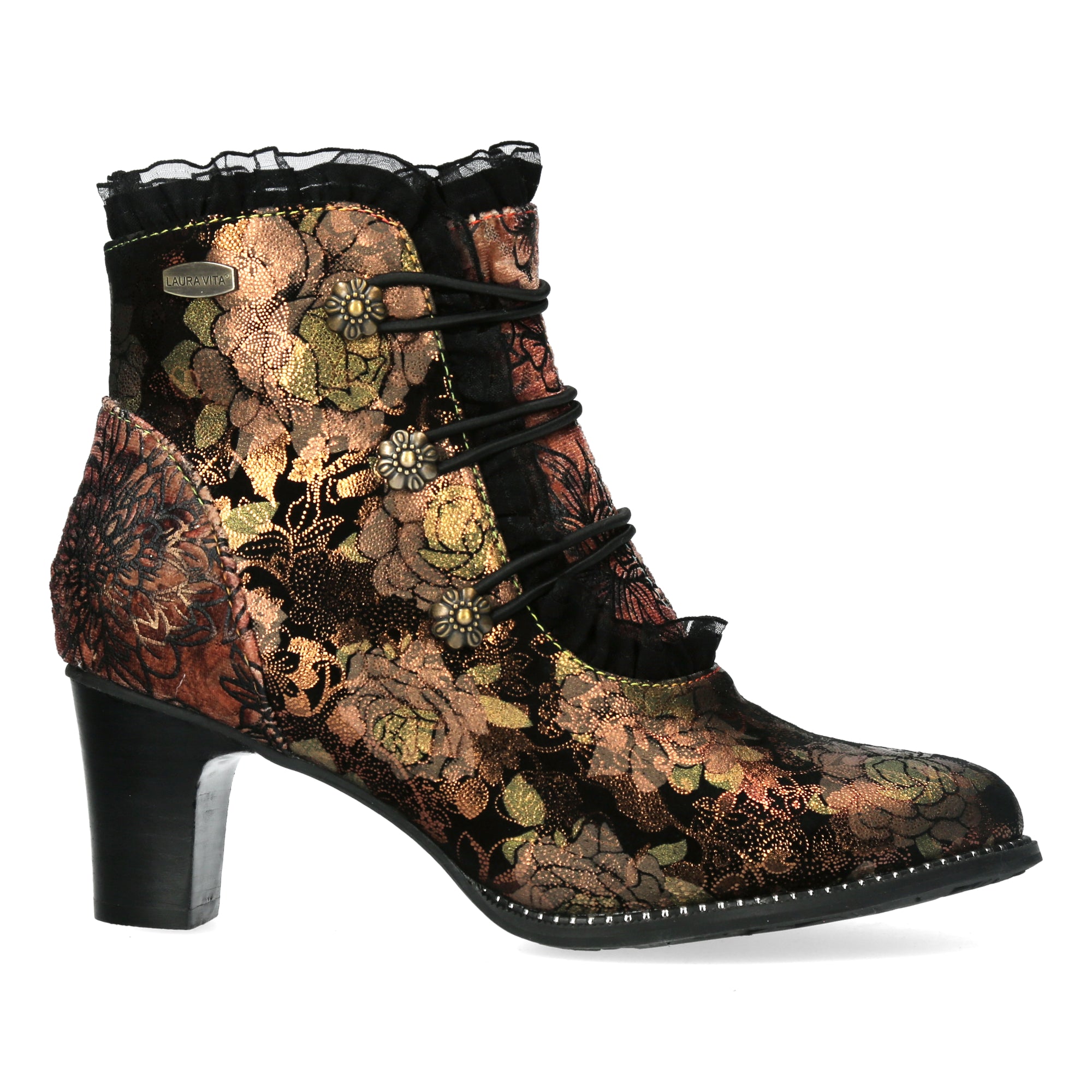 Laura Vita Elcodieo 224 Ladies Bronze Multi Leather & Textile Side Zip Heeled Ankle Boots, side profile view.