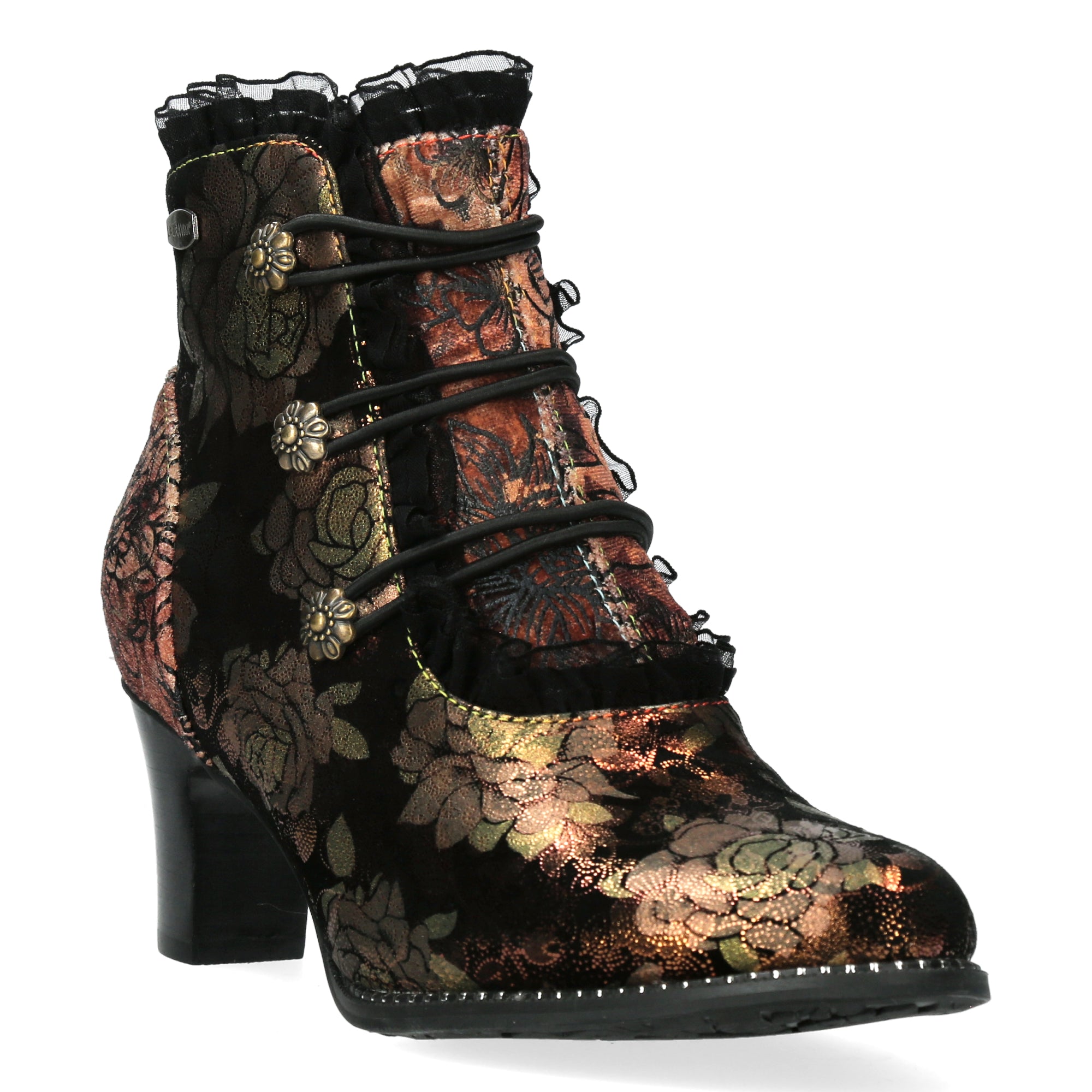 Laura Vita Elcodieo 224 Ladies Bronze Multi Leather & Textile Side Zip Heeled Ankle Boots, front three-quarter view.