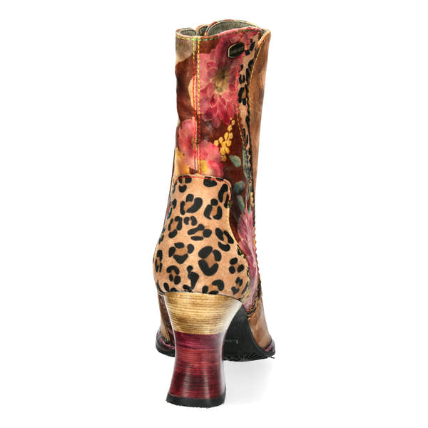 Laura Vita Eleao 42 Ladies Tan Multi Leather & Textile Zip & Lace Heeled Ankle Boots, rear view.