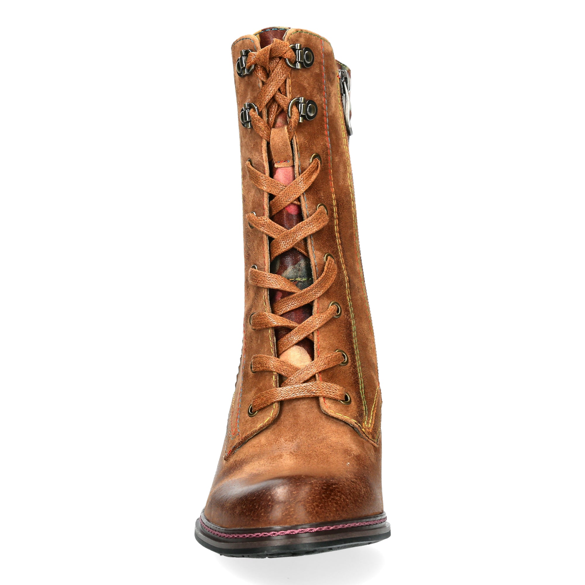Laura Vita Eleao 42 Ladies Tan Multi Leather & Textile Zip & Lace Heeled Ankle Boots, front view.