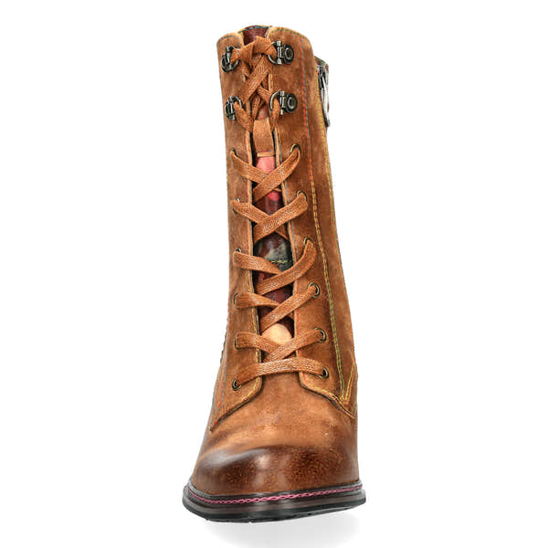 Laura Vita Eleao 42 Ladies Tan Multi Leather & Textile Zip & Lace Heeled Ankle Boots, front view.