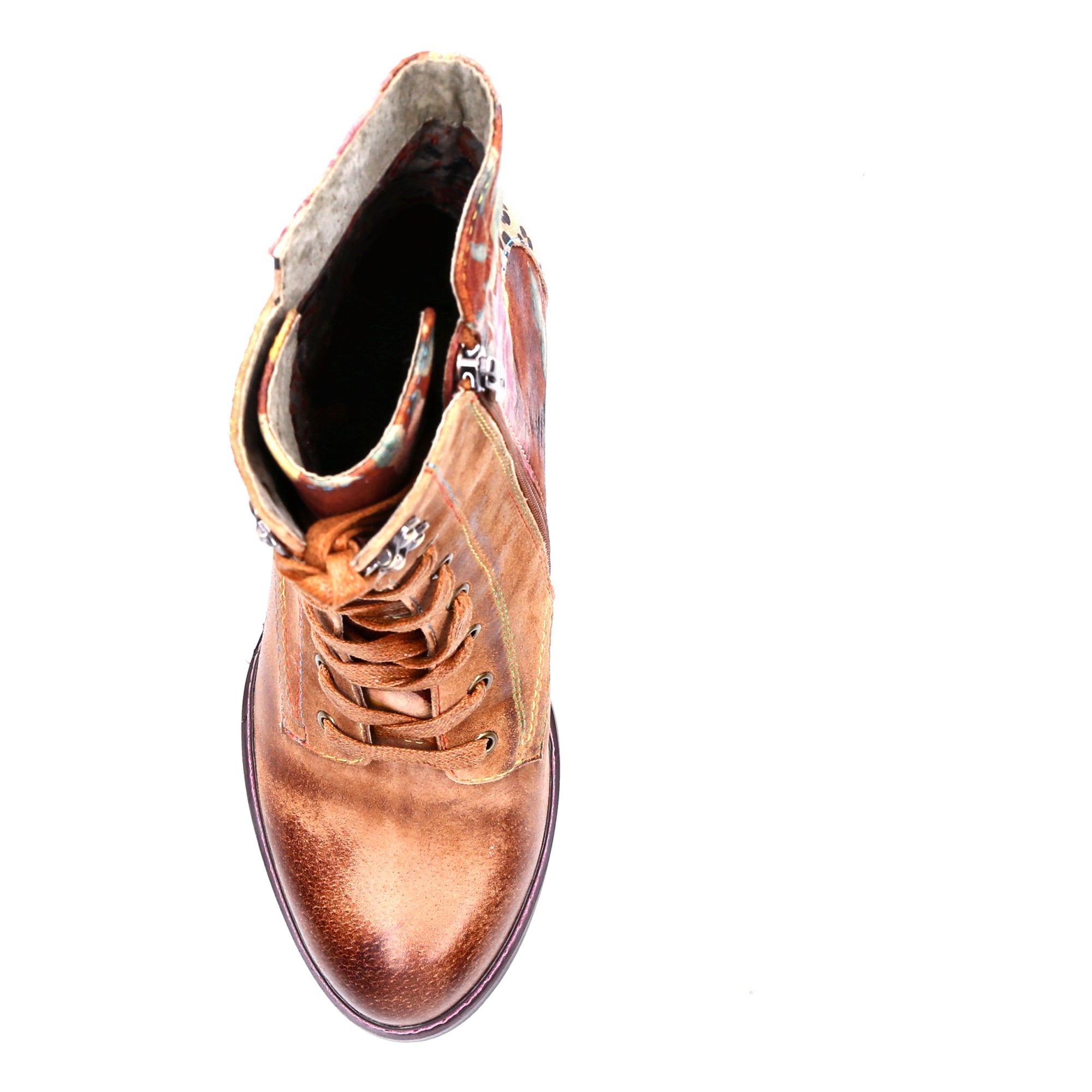 Laura Vita Eleao 42 Ladies Tan Multi Leather & Textile Zip & Lace Heeled Ankle Boots, top view.