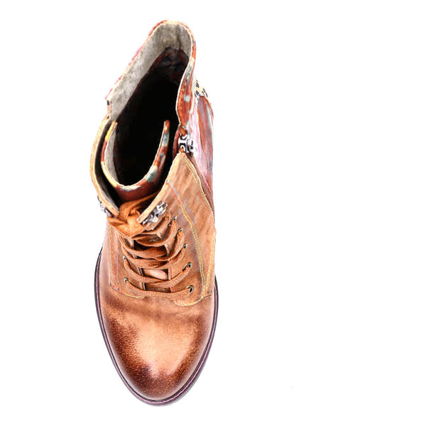 Laura Vita Eleao 42 Ladies Tan Multi Leather & Textile Zip & Lace Heeled Ankle Boots, top view.