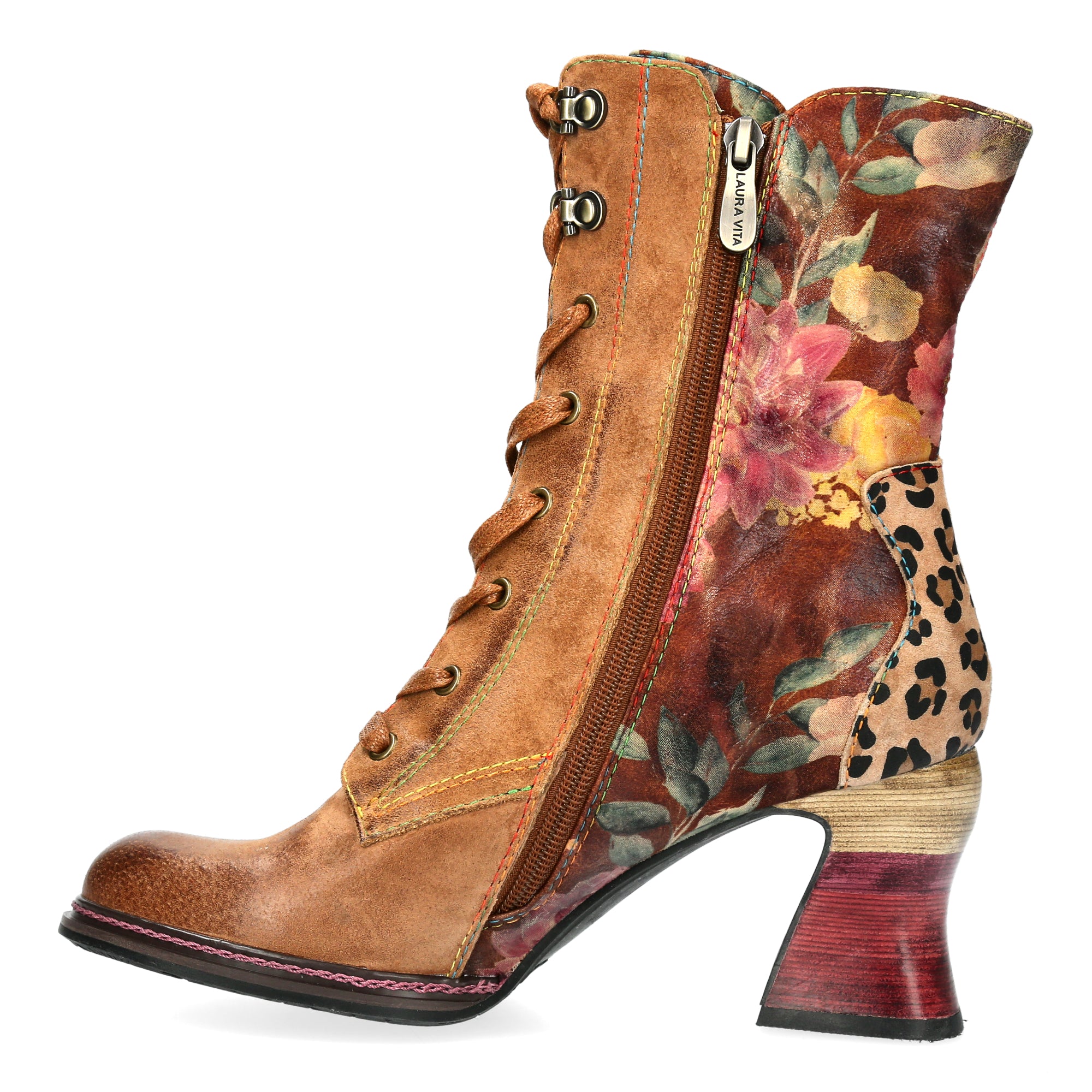 Laura Vita Eleao 42 Ladies Tan Multi Leather & Textile Zip & Lace Heeled Ankle Boots, inner-side view.
