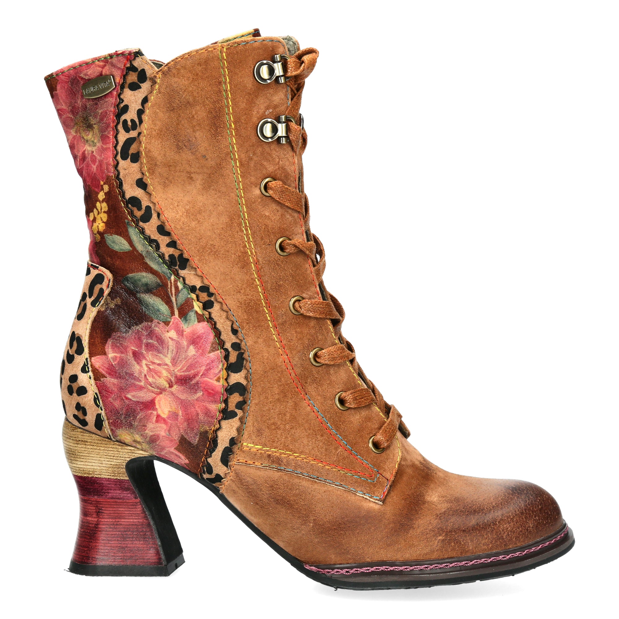 Laura Vita Eleao 42 Ladies Tan Multi Leather & Textile Zip & Lace Heeled Ankle Boots, side profile view.